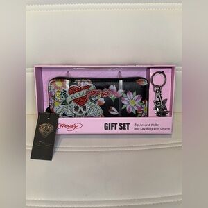 NWT Ed Hardy Rhinestone Love Kills Slowly skull & pink flower wallet & charm set